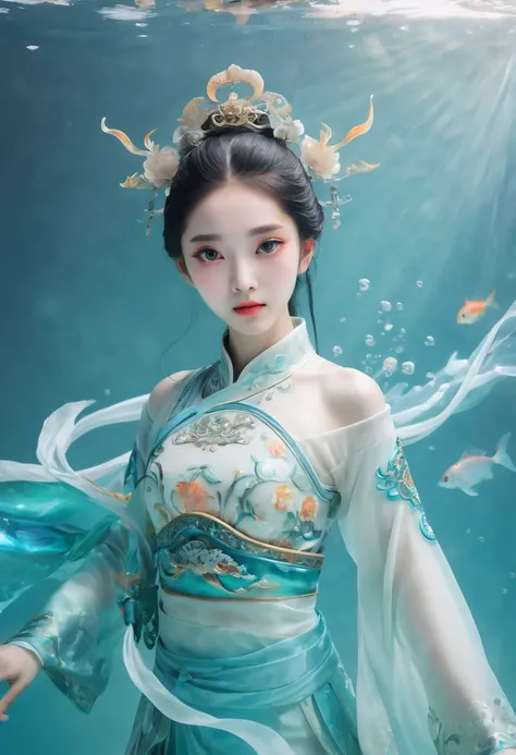 A beautiful Chinese girl，underwater photography,his head and a half body photo, wearing Chinese Tang Dynasty Costumes， Iridescence clothes,  white background,