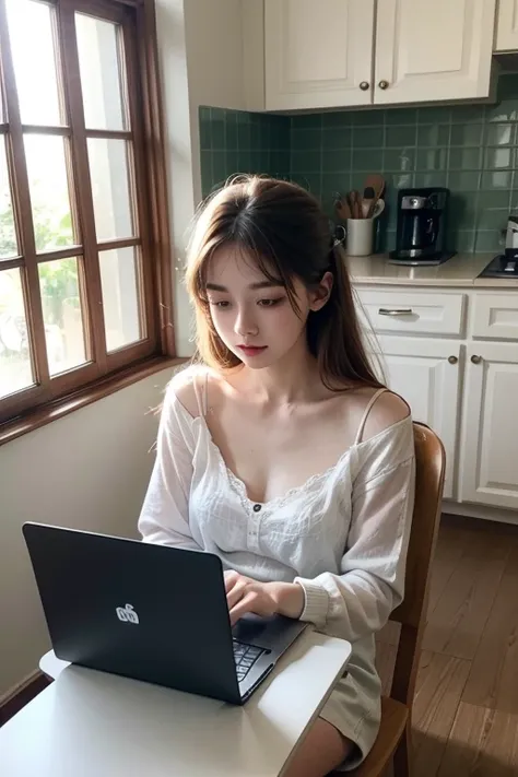 A beautiful white 24 years old lady seating alone in the kitchen of her home working on her laptop