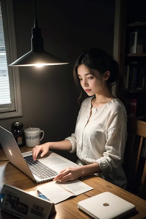 A beautiful white 24 years old lady seating alone in the kitchen of her home working on her laptop late at night (the outside is dark with lights on) the lady is looking at her laptop