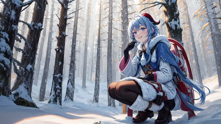 Top quality, 4K, 8K, high resolution, masterpiece: 1.2, ganyu, stupid hair, Kirin horn, beautiful young woman, snow-covered countryside, winter scenery, winter coat, long coat, beautiful winter boots, gloves, nudist, happy, natural beauty, long Light blue ...