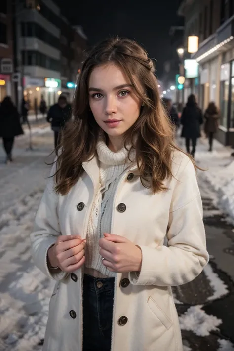 professional portrait photograph of a gorgeous Norwegian girl in winter clothing with long wavy blonde hair, sultry flirty look, gorgeous symmetrical face, cute natural makeup, wearing elegant warm winter fashion clothing, ((standing outside in snowy city ...