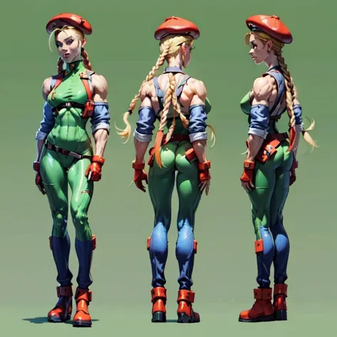 ((chara-sheet)), ((character sheet)), ((front view pose)),((side view pose)), ((back view pose)), turnaround, concept, poses, 1girl, cammy white, twin braids, long hair, blonde hair, antenna hair, beret, blue eyes, scar on cheek, green leotard, large breas...