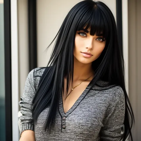 a women with long black hair,slanted eyes,monolid,Blunt bangs,realistic,no makeup