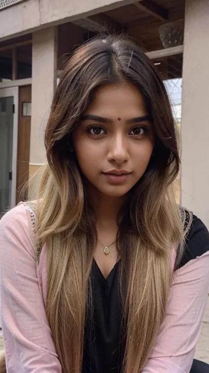 lovely cute young attractive indian girl, brown eyes, gorgeous actress, 23 years old, cute, an Instagram model, long blonde_hair, colorful hair, winter, Indian, wearing pink top and black pent