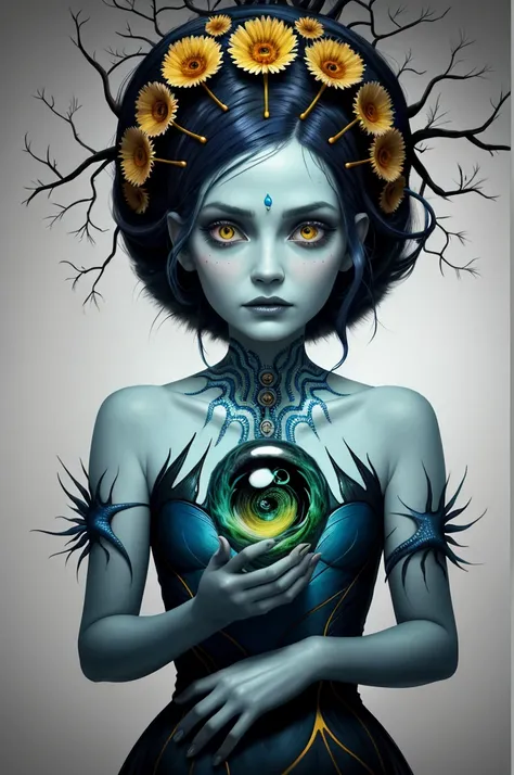 colorpop style, pointy hair, blue skin, natalie shau, mark ryden, alberto seveso, brooke shaden, anna dittmann, flora borsi, yin yang fern, beautiful full body photo with oil painting, with thick brushstrokes and wet paint, fibonacci, golden ratio, melted ...