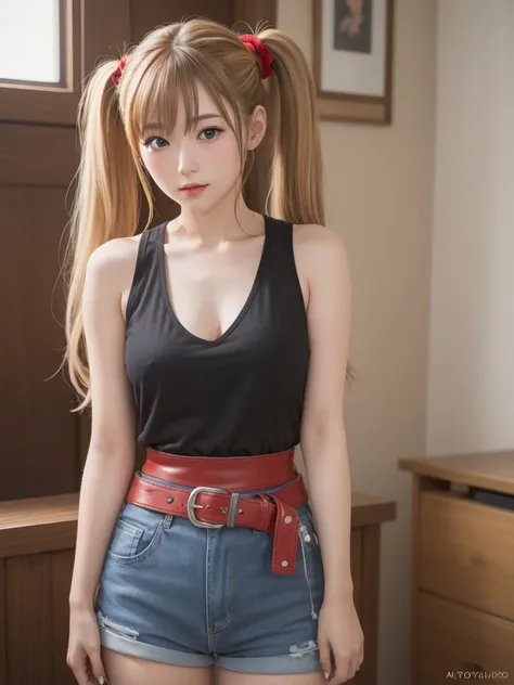 (8K、Raw photography、top-quality、​masterpiece:1.2)、(realisitic、Photorealsitic:1.37)、ultra-detailliert、超A high resolution、1girl, 25yo, akizuki airi, blueskye eyes, blonde_hair, twintails, very_long_hair, she is wearing it in her hair_ornament red, hair_scrun...