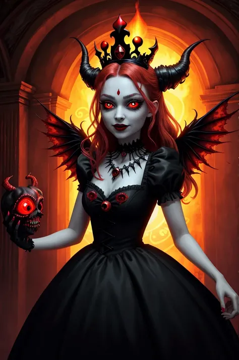 Evil and beautiful queen, edieval dresses, red messy hair, floating hair,(Glowing red eyes:1.5),Glowing red eyes,(Her eyeballs glow red:1.5),(has sharp fangs growing:1.2),Huge calamity々Devils Wings,Very scary and ugly devil wings,Very complex and creepy de...