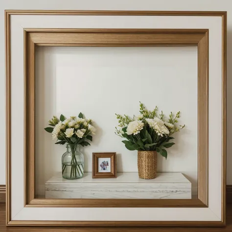 https://image.cdn2.seaart.ai/static/upload/20240111/21f47a6f-9ff7-44de-9bcb-52984f204386_high.webp there are two vases of flowers and a picture frame on a shelf, beautiful frames, picture frames, in a frame, inside a frame on a tiled wall, flower frame, in...