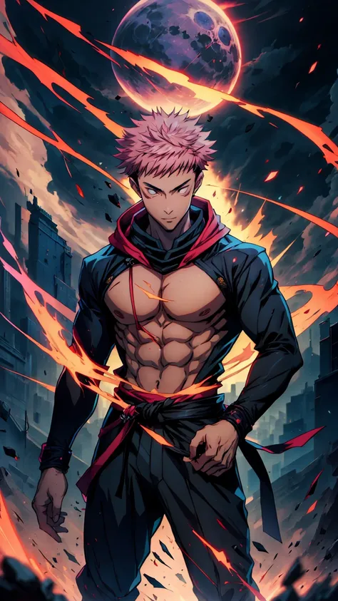 1boy, full body shot, 173 cm, itadori yuuji, black outfit, pink hair, battle pose,  red and dark moon city night background, wallpaper, cinematic,High resolution 8K, Bright light illumination, lens flare, sharpness, masterpiece, top-quality, The ultra -The...