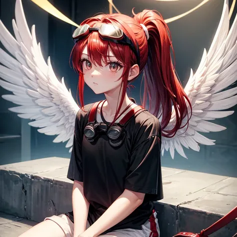 (shorts)、black shirt、Jumper、tall、ponytail、Red hair、(white angel wings)、older sister、cool、strong、((goggles))、evening