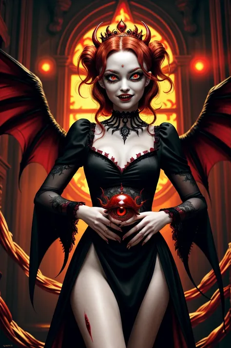 Evil and beautiful queen, medieval dresses, red messy hair, floating hair,(Glowing red eyes:1.5),Glowing red eyes,(Her eyeballs glow red:1.5),(has sharp fangs growing:1.2),Huge calamity々Devils Wings,Very scary and ugly devil wings,Very complex and creepy d...