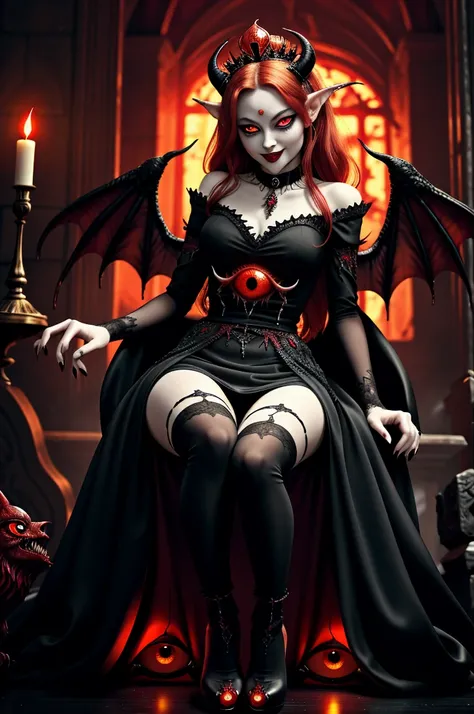 Evil and beautiful queen, medieval dresses, red messy hair, floating hair,(Glowing red eyes:1.5),Glowing red eyes,(Her eyeballs glow red:1.5),(has sharp fangs growing:1.2),Huge calamity々Devils Wings,Very scary and ugly devil wings,Very complex and creepy d...