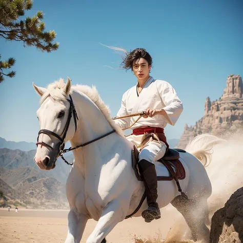 martial arts，riding a white horse，the young man in white，male，asian，handsome，face like jade，sword in hand，flying sand and rocks