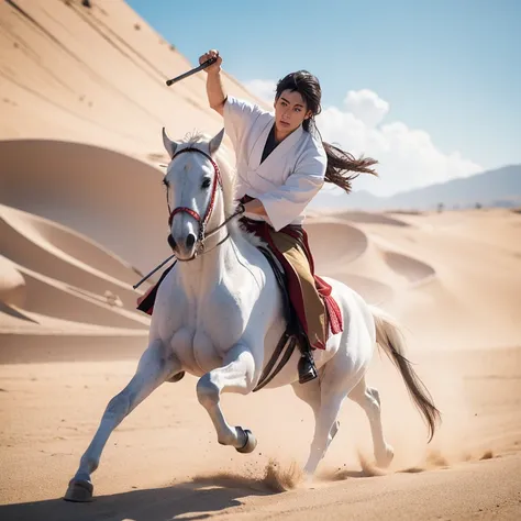 martial arts，riding a white horse，the young man in white，male，asian，handsome，face like jade，sword in hand，flying sand and rocks