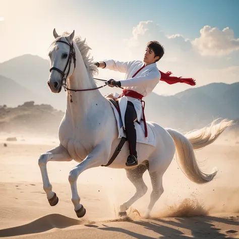 martial arts，riding a white horse，the young man in white，male，asian，handsome，face like jade，sword in hand，flying sand and rocks