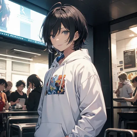 Around 10 years old, anime youth，short permed black hair 1.5，Please wear a plain white shirt and hoodie，Standing in the room，anime style 4k，anime rendering，anime style，8K fineness，（Upper body display：1.5）（cinematic lighting：1.5）（Handsome Anime Boy 1.5）