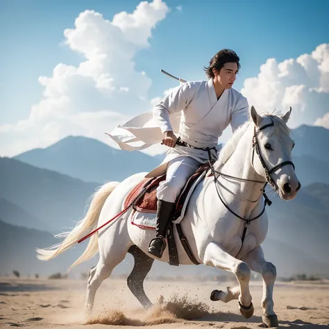 martial arts，riding a white horse，the man in white，male，asian，handsome，charming celebrity face，knight&#39;s eyes，sword in hand，f...