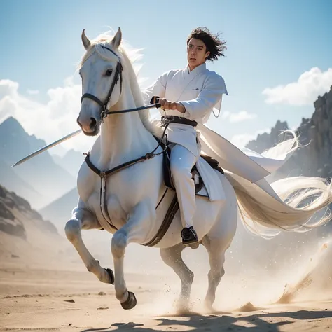 martial arts，riding a white horse，the man in white，male，asian，handsome，charming celebrity face，knight&#39;s eyes，sword in hand，f...