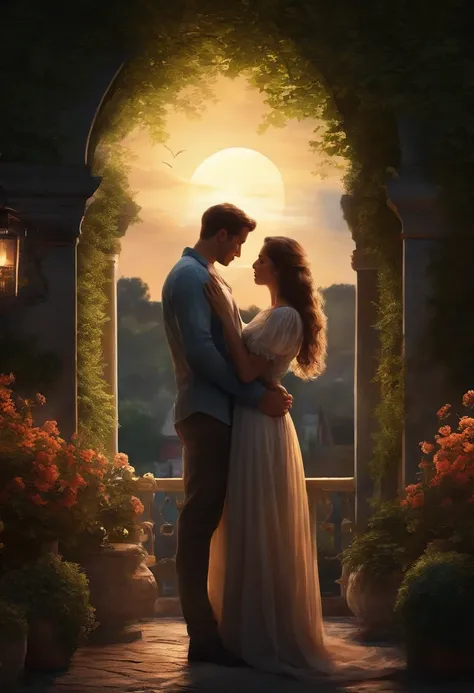 "under moonlight，Young couple in the garden hugging tightly，The streets are filled with tranquil and romantic atmosphere。warm color，best qualtiy，hyperdetailed illustration，8K resolution concept art wallpaper，Epic fantasy art，Natural lighting against dark b...