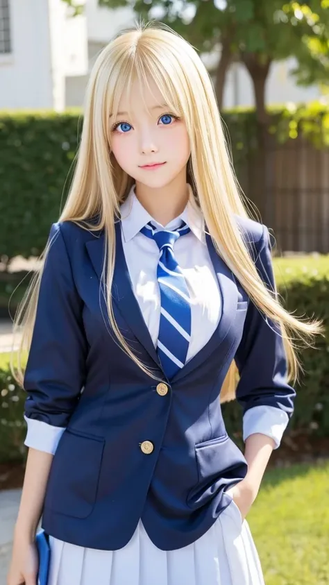 Shiny super long bright blonde straight hair、beautiful hair between the eyes、very cute beautiful sexy young teenage girl、so perfect beautiful cute face、Clear beautiful cute light blue big eyes、school uniform、very big breasts