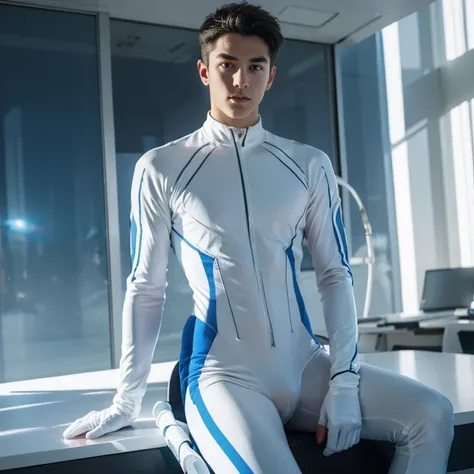 body suit, white and blue suit, futuristic suit, white gaunlets, skin tight bodysuit, toned male, teenager, young male, futuristic face mask, bodysuit, futuristic, sci fi, toned male, hands visiblr, hair visible , 16k resolution , ultra-high clarity , hype...