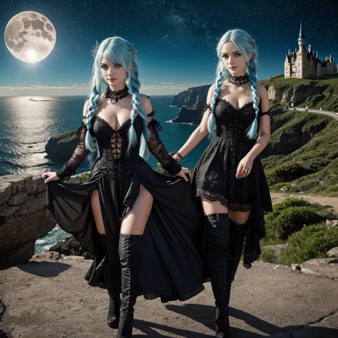 High definition vivid masterpiece,, Cute Goth loli young woman, ice blue big doll eyes very detailed and intricate, glowing eyes, eye shadow and eyeliner, elaborate braids, long white hair, elaborate goth loli dress, detailed castle on high cliff overlooki...