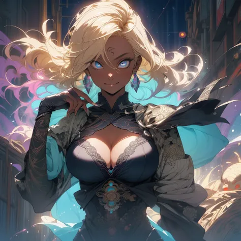 (((highest quality))),(((fine eyes))),(((32K))),(1 dark skinned girl),Fancy blonde,(tattoo),cyber punk,kimono,((luxurious and gorgeous)),shiny skin,earrings,Stylish costumes,((Super beautiful)),(perfect face),Japanese sword,ultimate texture,official art,Uk...