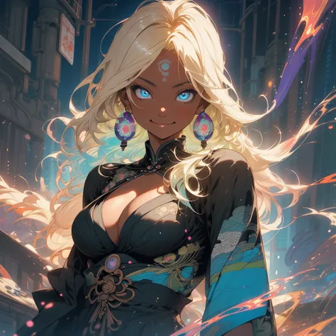 (((highest quality))),(((fine eyes))),(((32K))),(1 dark skinned girl),Fancy blonde,(tattoo),cyber punk,kimono,((luxurious and gorgeous)),shiny skin,earrings,Stylish costumes,((Super beautiful)),(perfect face),Japanese sword,ultimate texture,official art,Uk...