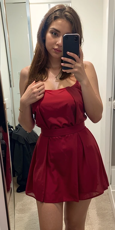 Front of mirror in red short dress iPhone in hand 