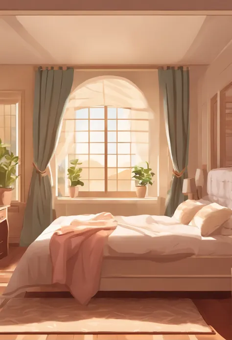 Create a scenario for a womans bedroom with bed and towels, window, Sunlight, anime style, vector graphics, cartoon