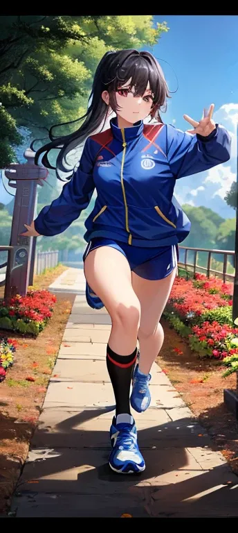 有一个女人拿着飞盘在红色的表面上run, 女孩正在run, Wearing a track suit, girl running, Inspired by Tang Yifen, xintong chen, running posture, run, wenfei ye, mingchen shen, su fu, xue han, inspired by Zou Yigui, inspired by Zhang Zongcang, wei wang