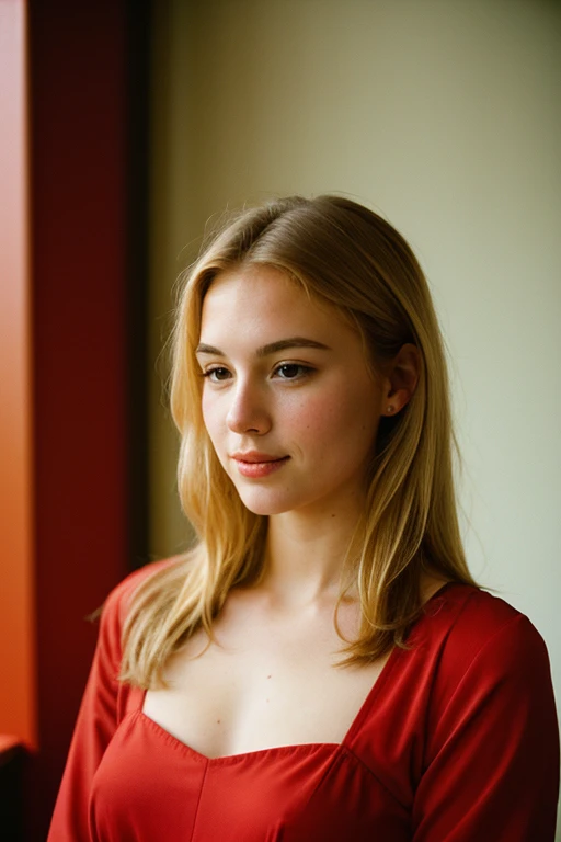 analog raw candid photo of a beautiful young woman,  red dress , restaurant,realistic skin texture, dirty blonde hair, slim, (closed mouth:1.1), erotic, relaxed, haze lighting, winter, snow, 35mm