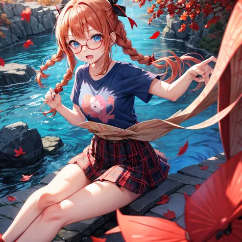 Red-blonde、blue hair、blue eyes、Braid、one good looking girl、solo、anime、Plaid miniskirt、camisole、black t-shirt、Tilting your face、Doing the ribbon、Ribbon at waist、sunset sky、stone stairs、petal、tunnel、Fallen leaves、wearing glasses、waterfall、paper airplane、push...