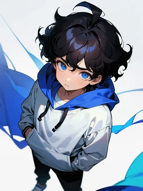 1 boy, juvenile，About 10 years old，handsome boy, black hair, curly hair，korean hair, blue eyes，face is in front，The angle of view is front，whole body，He is wearing a black long-sleeved hoodie over a white T-shirt