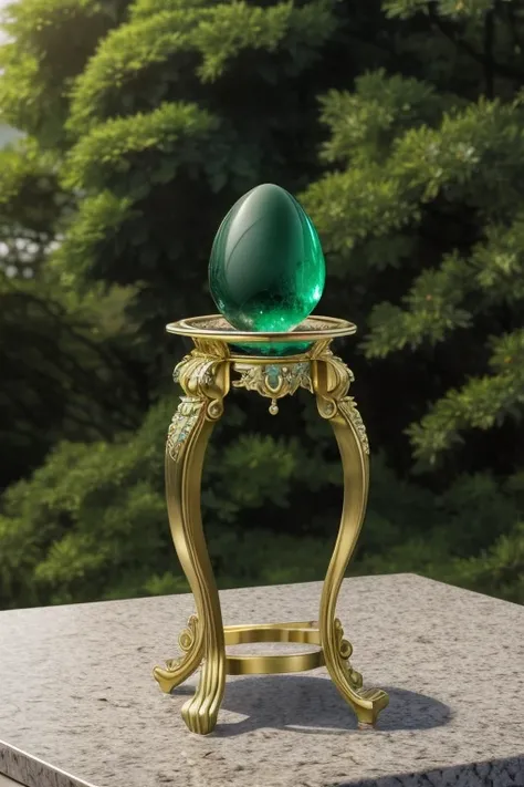  professional (photo:1.3), emerald egg on promo stand, on granite surface, radiant, gleamy, brass, tension-style setting, exquisite, baroque, green, panoramic views 