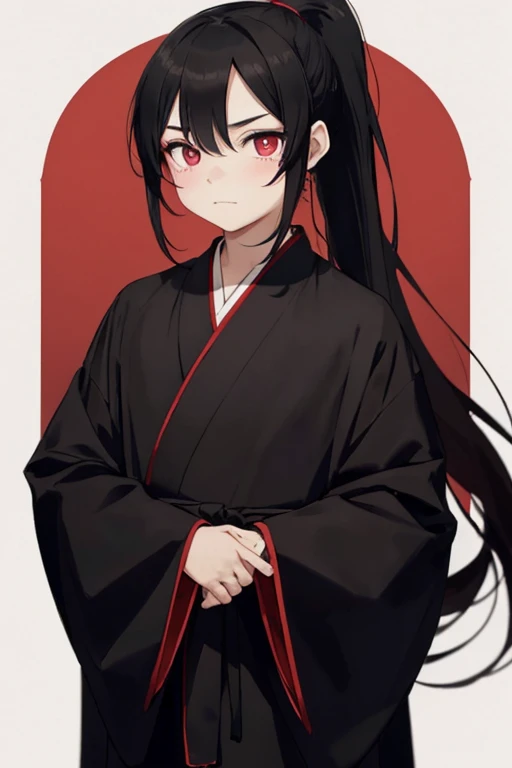 long black hair，With a small ponytail，The face is round，big eyes，Red pupils，There is a little fat on the body，Looks very cute，boy，Wearing a black Chinese robe，antiquity