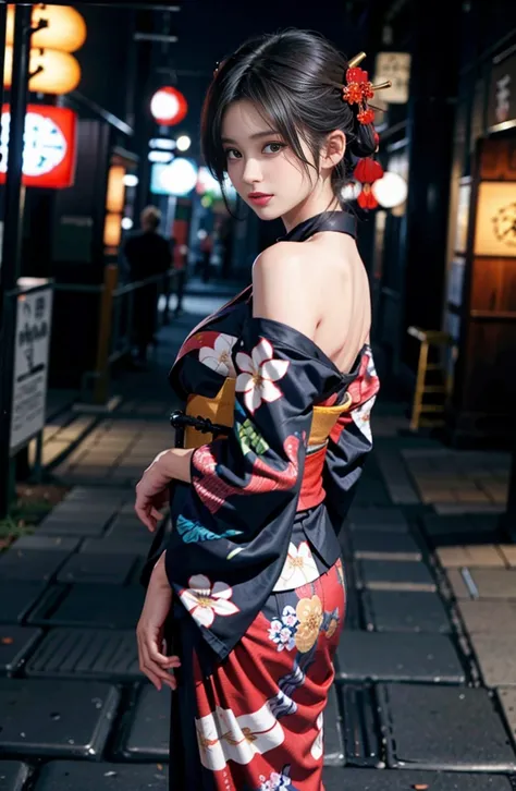 (highest quality,8K quality,masterpiece:1.3,High resolution,table top:1.2), Front view:0.8,Full body Esbian:1.2, looking at the viewer, 23 year old woman, look at the camera,(Japanese clothing, kimono:1.4,generally:1.2, choker:1.4),(short hair:1.2,well-gro...