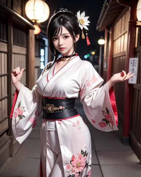 (highest quality,8K quality,masterpiece:1.3,High resolution,table top:1.2), Front view:0.8,Full body Esbian:1.2, looking at the viewer, 23 year old woman, look at the camera,(Japanese clothing, kimono:1.4,generally:1.2, choker:1.4),(short hair:1.2,well-gro...