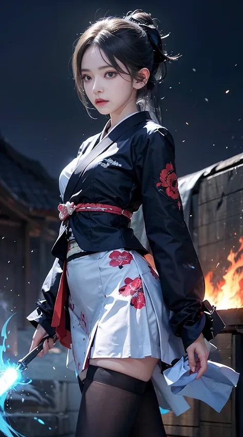 1 girl, kimono, ponytail ,gray hair, purple eyes, magic circle, blue fire, blue flame, wallpaper, landscape, Blood, Blood splatter, Depth of bounds written, night, particles of light, light, side light, thighs, destiny (series), genshin impact, ****, open ...