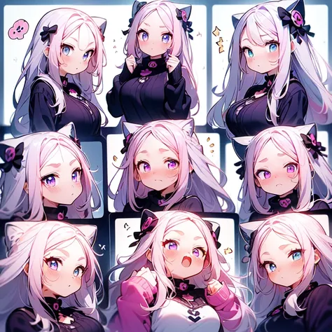 Masterpiece, best quality, emoji pack，emoji sheet,  goth bangs, ((blue eyes)), blush,breasts, large breasts, looking at viewer, long hair, (pink,blue,purple,white hair:1.4), black choker, galaxy, goth, cat ears,  upper body, virtual youtuber,