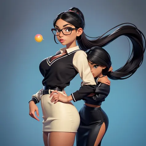 Mother and daughter, the mother is a woman in a formal office outfit wearing glasses, she is latin, with tan skin huge boobs, slim, tiny waist, and round ass, she has medium black hair, big eyes, and full lips. The daughter is wearing a cheerleader uniform...