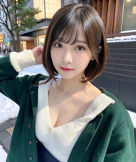 Japan Solo Women、Winter dating（master piece、realistic、Raw photo、8k）、naughty expression、emphasize the chest、Companion&#39;s perspective、naughty pose、wavy short bob cut、details face、realistic skin