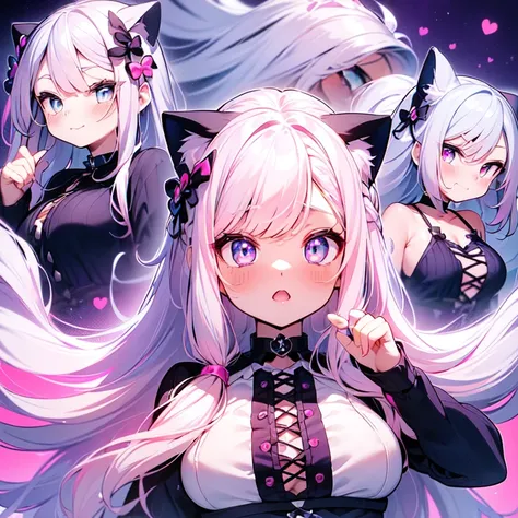 Masterpiece, best quality, emoji pack，emoji sheet,  goth bangs, ((blue pink eyes)), blush,breasts, large breasts, looking at viewer, long hair, (pink,blue,purple,white hair:1.4), black choker, galaxy, goth, cat ears,  upper body, virtual youtuber, sexy, cu...