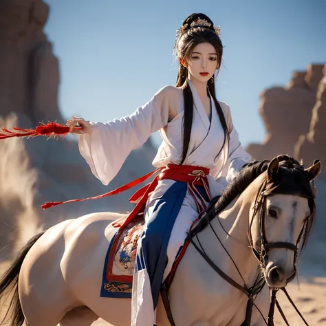 martial arts，Riding a white horse，That young man in white，male，Asian，Handsome，The face is like jade，Sword in hand，Flying sand and flying rocks，Ultra HD quality，Character front close-up