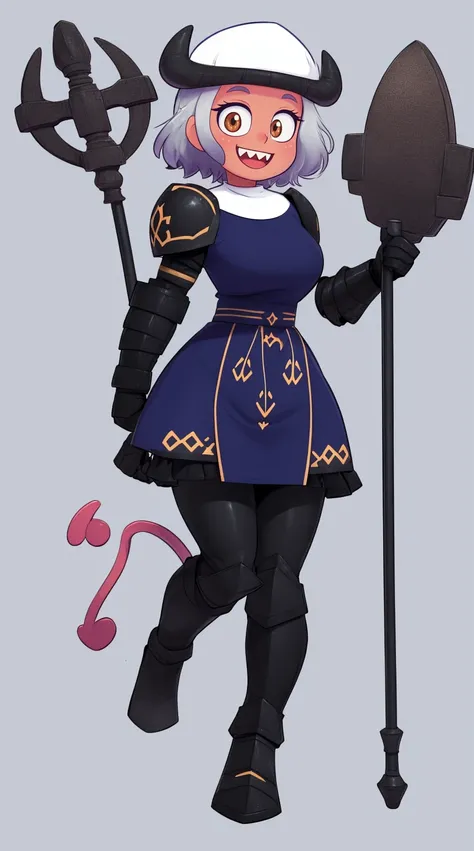 nun, demon girl, walking, , warpriesstes, silver hair, short hair, sacred gauntlets, long ski, cute smile, pure smile, love smile,,veillong skirt, pantyhose, staff holding, armor, gloves, standing, full body,sharpteeth,standing, full body, happy, joyfull