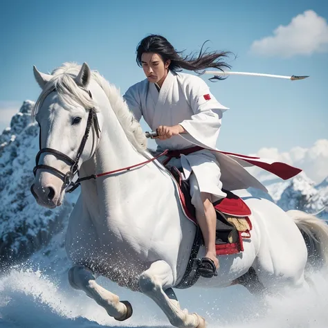 martial arts，Riding a white horse，The knight in white，Male 35 years old，Asian，Handsome，The face is like jade，Sword in hand，Flying sand and flying rocks，Ultra HD quality，Close-up of a person&#39;s face