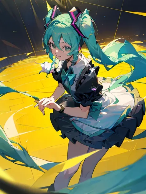 ((obra maestra))
(mejor_calidad)(1 chica)
 frente a_espectador,lejos
(borroso_Fondo) (Profundidad_de_campo)
juego_room,desordenado_room,Otaku_room,(pantalla)
(Hatsune Miku) (dos colas)
(medio_senos)
Luz_Sonrisa,azul_ojos:1.4 brazos arriba, inclinado hacia ...