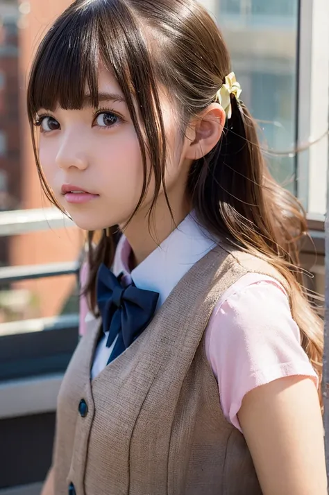 1 girl, 18 year old girl, vest, bow, photograph, realistic, highest quality, hire, detailed face, office, building from the window, detailed background, diffused sunlight, Depth of bounds written, Bokeh