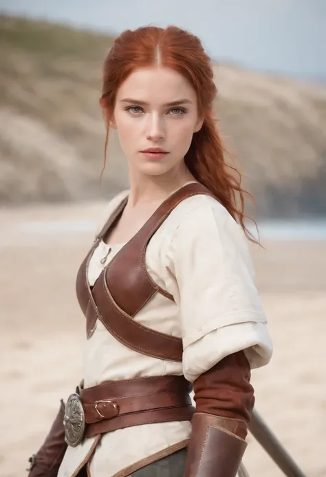 norwegian girl 14 years old ,Red-haired ponytail, dusty face, wearing leather armor, against the background of a sandy beach, sword in hands, Wind, photorealism, sharp focus, Realistic facial skin, oppressive atmosphere,View,erotic face、medieval female kni...