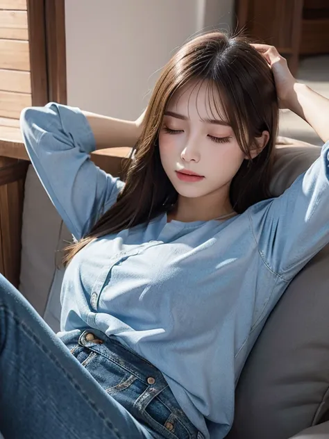 masterpiece, quality loss, realistic, 1 girl, (Pueros face_v1:0.7), (8K, highest quality), shirt, jeans,unconscious, close your eyes, sleep, whole body,